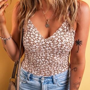 B125 Chestnut Floral Print Spaghetti Strap V Neck Bodysuit